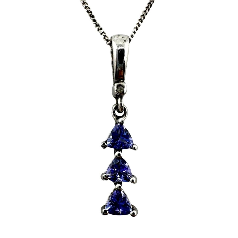 Diamond Iolite 925 Sterling Silver Trillion Cut Dainty Pendant 20" Necklace